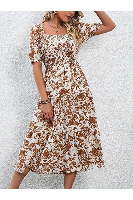 Kadın Kısa Kollu Kare Yakalı Lastikli Desenli Süprem Elbise