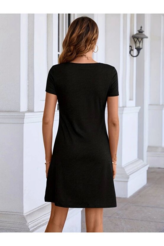 Kadın Kısa Kollu Yaka Detay Viskon Elbise