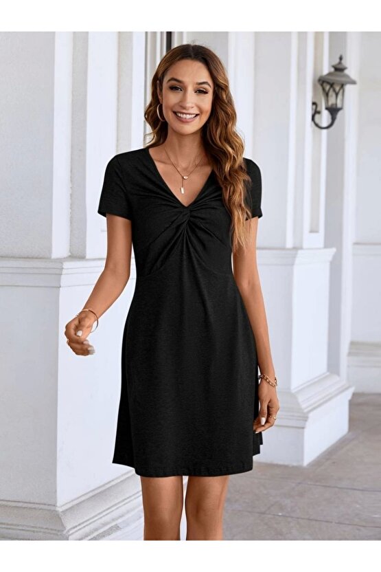 Kadın Kısa Kollu Yaka Detay Viskon Elbise