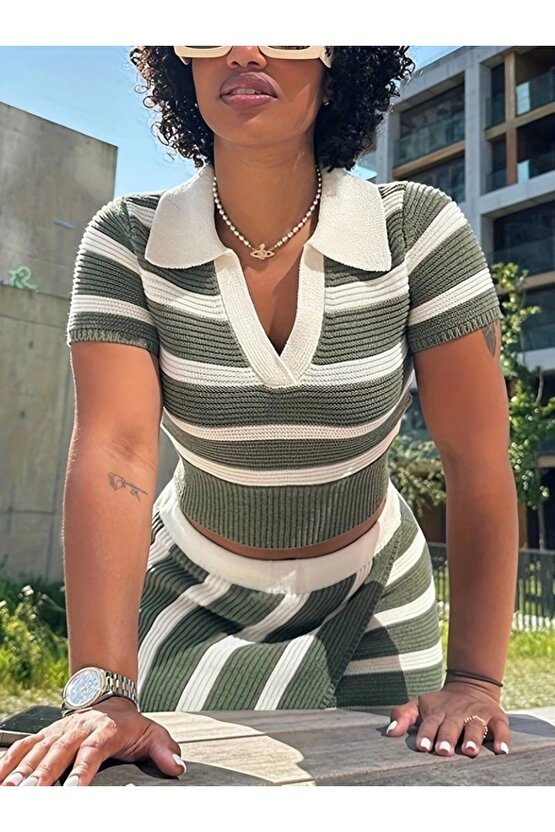 Kadın Kısa Kollu Polo Yaka Crop Asimetrik Mini Triko Etek Ikili Takım