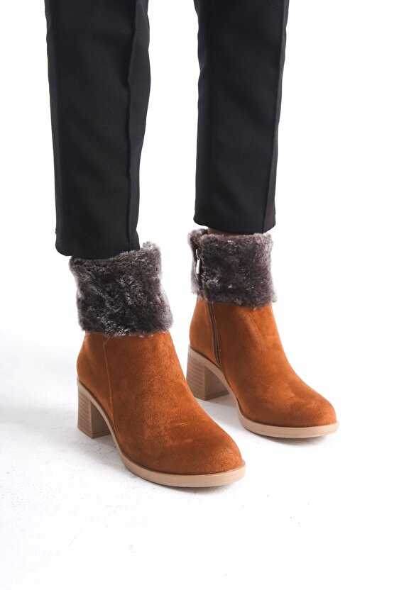 Katya Fermuarlı Ortopedik Taban Topuklu Kürk Detaylı Süet Kadın Bot Stt - Taba