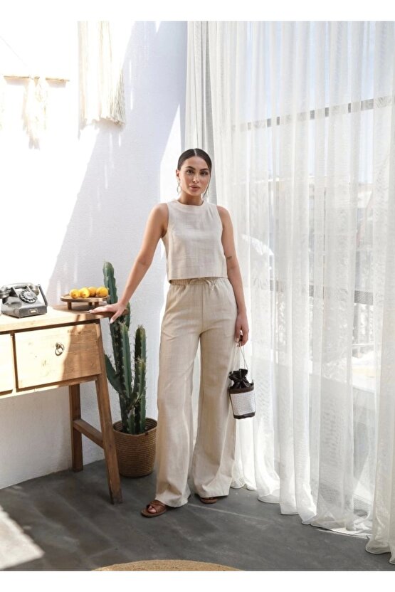 Keten Bluz Ve Pantolon Ikili Takim