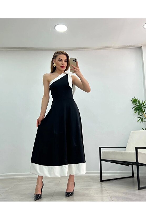 Kadın Tek Omuzu Açık Omuzlardan Kurdela Detaylı Çift Renkli Ithal Krep Elbise