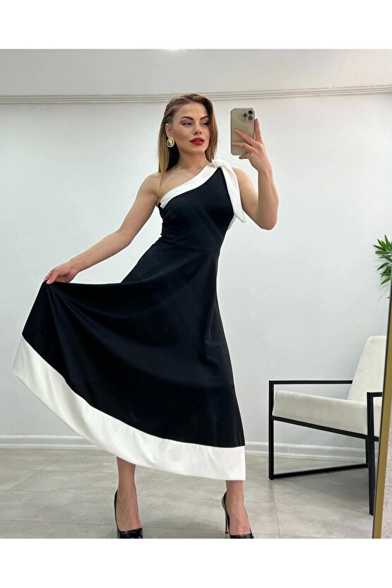 Kadın Tek Omuzu Açık Omuzlardan Kurdela Detaylı Çift Renkli Ithal Krep Elbise