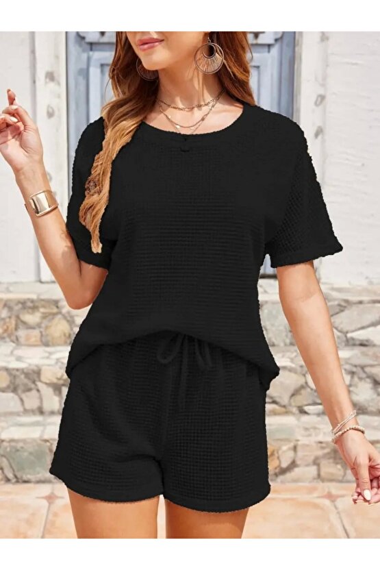 Kadın Kısa Kollu Bisiklet Yaka Alt Ve üst Waffle Ikili Takım
