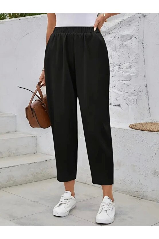 Kadın Yüksek Bel Yandan Cepli Düğme Detaylı Geniş Kesim Ithal Krep Pantolon