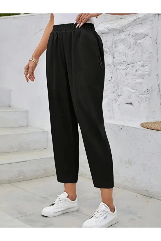 Kadın Yüksek Bel Yandan Cepli Düğme Detaylı Geniş Kesim Ithal Krep Pantolon