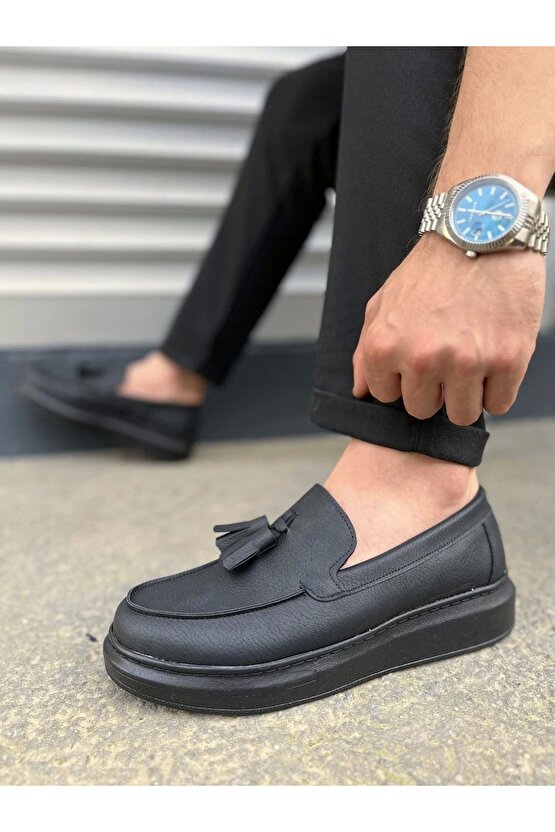 Jy154 Blaze Bağcıksız Püsküllü Cilt Erkek Günlük Spor Klasik Ayakkabı Cst - Siyah