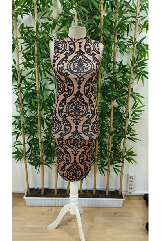 Kadın Kolsuz Yarı Balıkçı Yaka Desenli Dalgıç Elbise