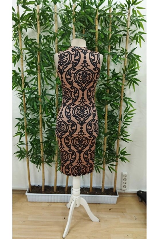 Kadın Kolsuz Yarı Balıkçı Yaka Desenli Dalgıç Elbise