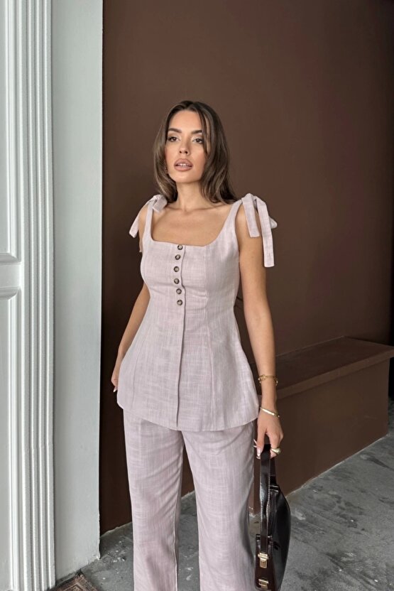 ŞANTUK KETEN YELEK GÖRÜNÜMLÜ ASKILI BLUZ - PANTOLON TK - Lila