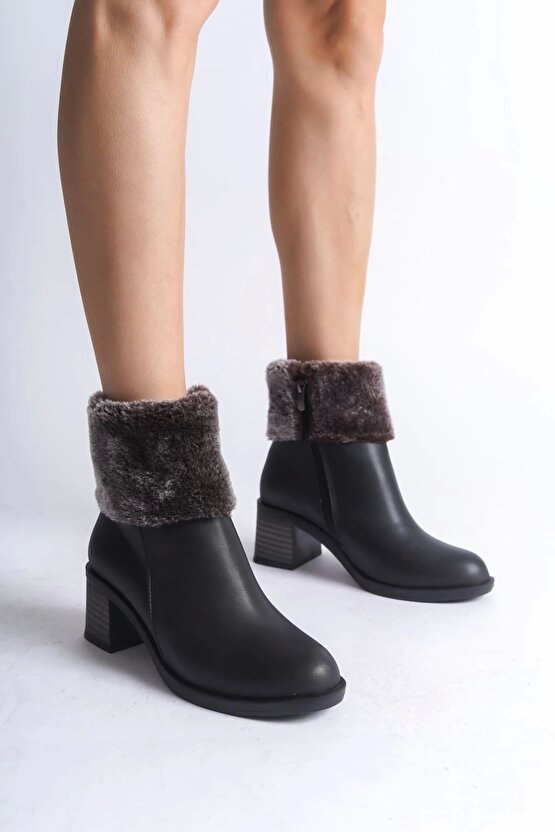 Katya Fermuarlı Ortopedik Taban Topuklu Kürk Detaylıkadın Bot Cst - Siyah