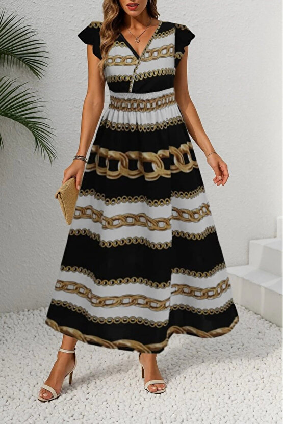 Moda Shop & Butik Kadın Kısa Kollu Kruvaze Yakalı Beli Lastikli Desenli Maksi Boy Örme Krep Elbise