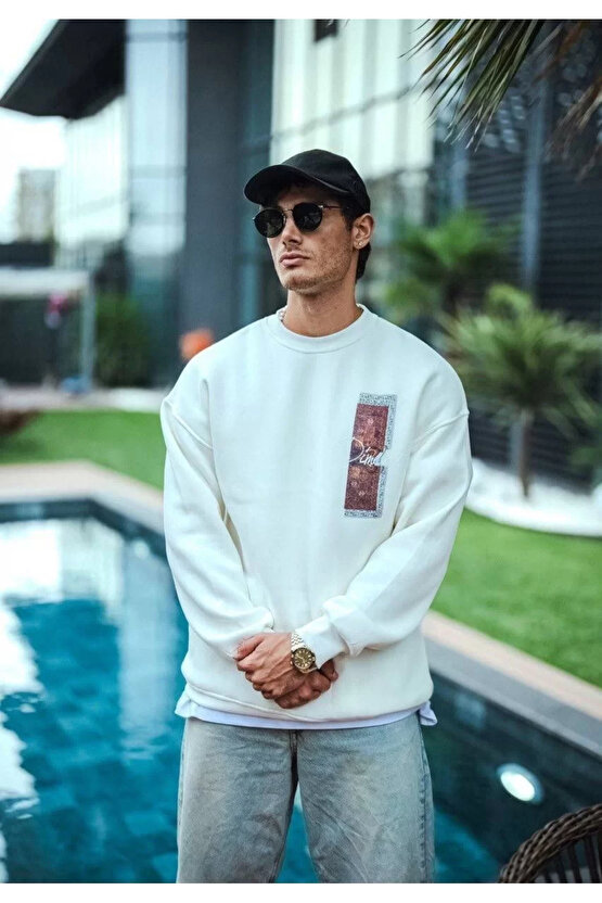 Uzun Kol Bisiklet Yaka Ön ve Arka Baskılı SweatShirt - Beyaz