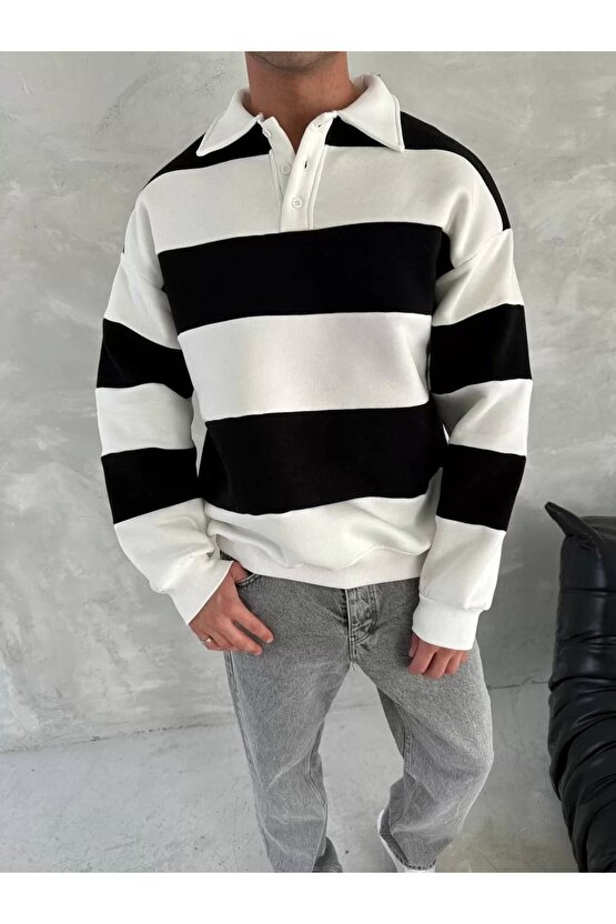 Unisex Üç İplik Parçalı Yakalı SweatShirt - Siyah