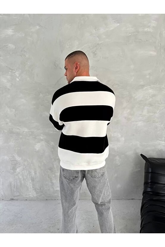 Unisex Üç İplik Parçalı Yakalı SweatShirt - Siyah