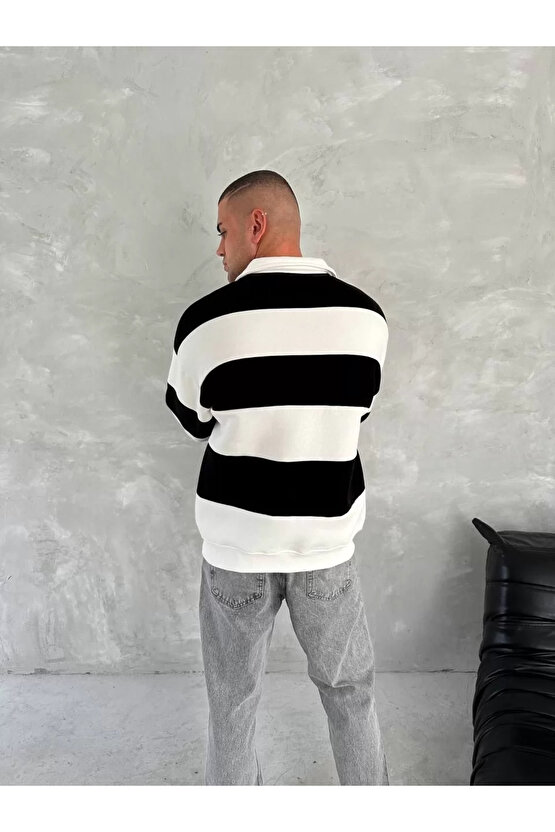 Unisex Üç İplik Parçalı Yakalı SweatShirt - Siyah