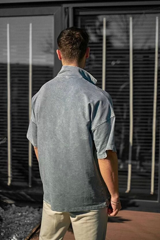 Unisex Yarım Fermuarlı Yıkamalı T-Shirt - Gri