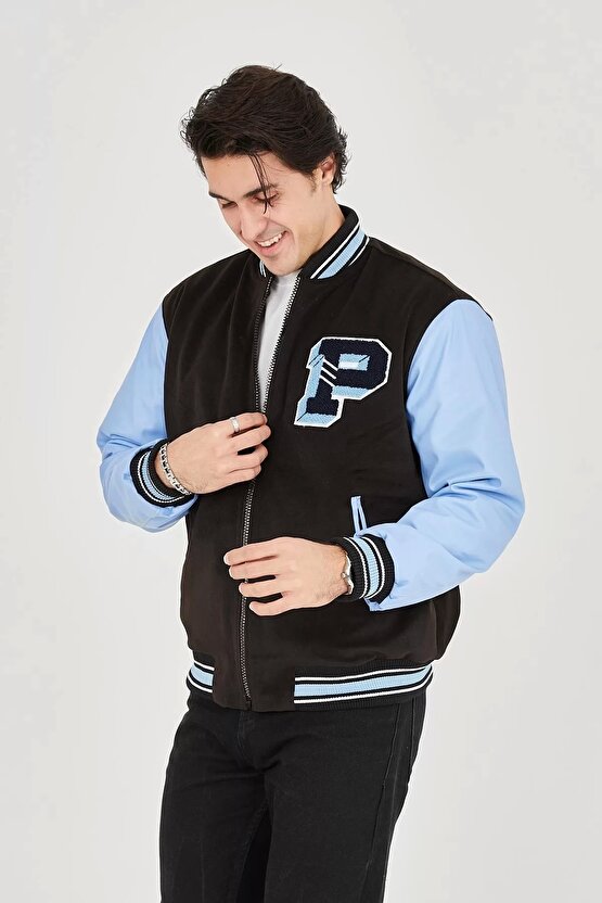 eyesof Erkek İçten Elyaf Ve Astarlı Kolları Suni Deri Ceket - Mavi