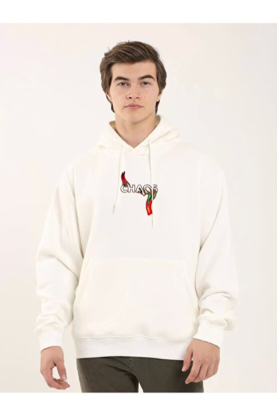 Unisex Baskılı Oversize Üç Iplik Kapüşonlu Sweatshirt - Beyaz