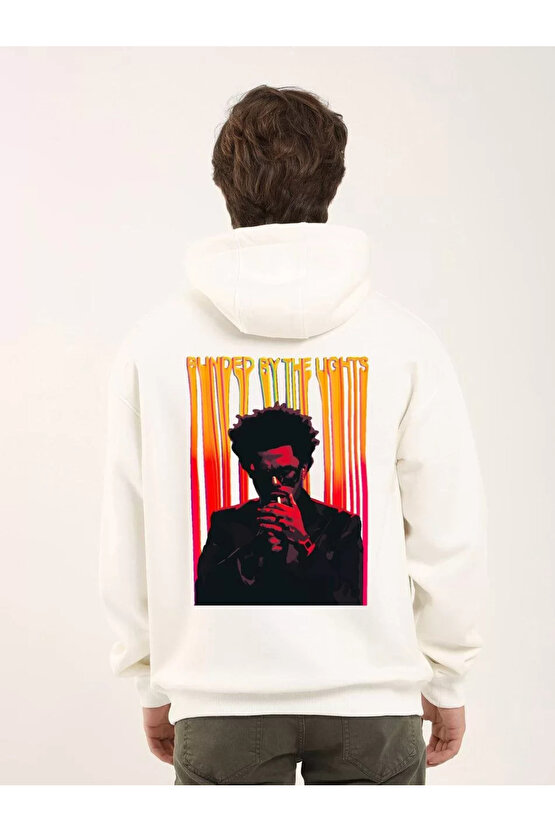 Unisex Baskılı Oversize Üç Iplik Kapüşonlu Sweatshirt - Beyaz