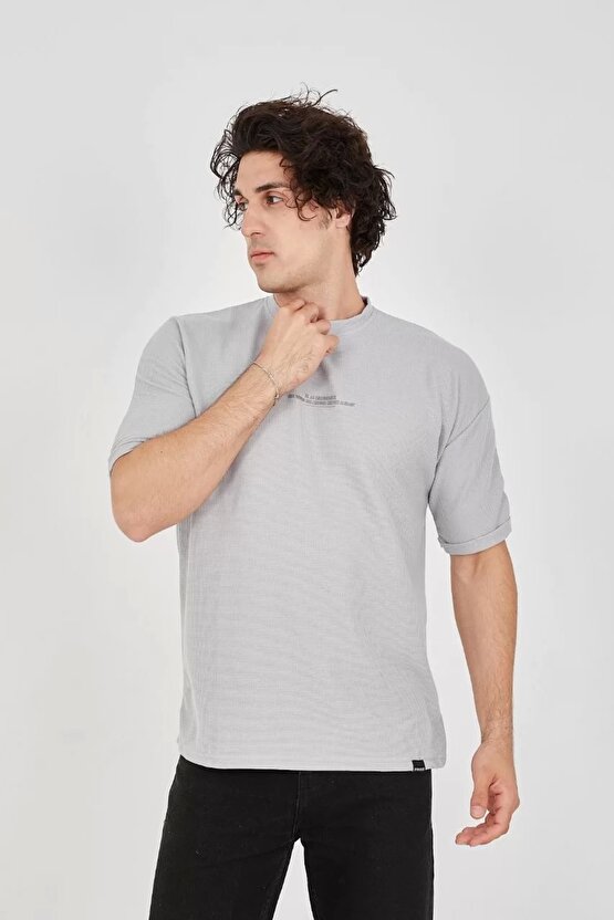 eyesof Unisex Waffle Kumaş Rahat Kol T-Shirt - Boyalı Gri