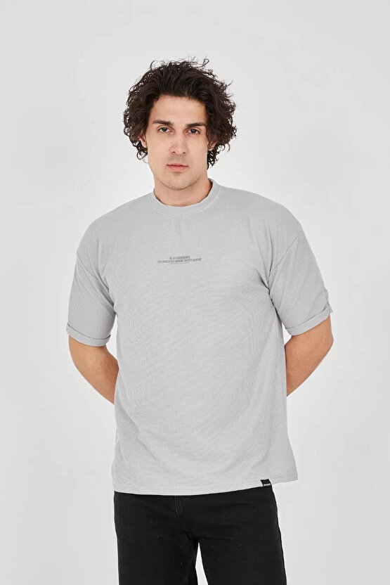 eyesof Unisex Waffle Kumaş Rahat Kol T-Shirt - Boyalı Gri