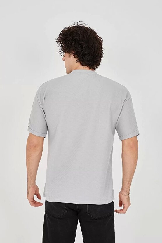 eyesof Unisex Waffle Kumaş Rahat Kol T-Shirt - Boyalı Gri