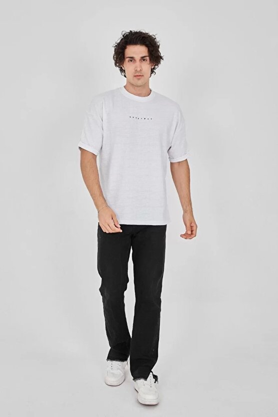 eyesof Unisex Jakar Kumaş Rahat Kol T-Shirt - Beyaz