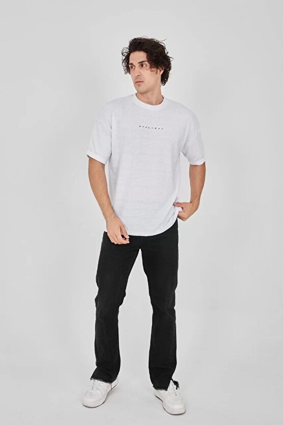 eyesof Unisex Jakar Kumaş Rahat Kol T-Shirt - Beyaz