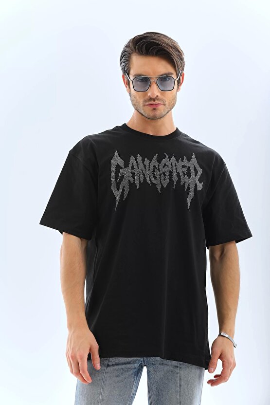 eyesof Unisex Oversize Taşlı Bisiklet Yaka T-Shirt - Siyah