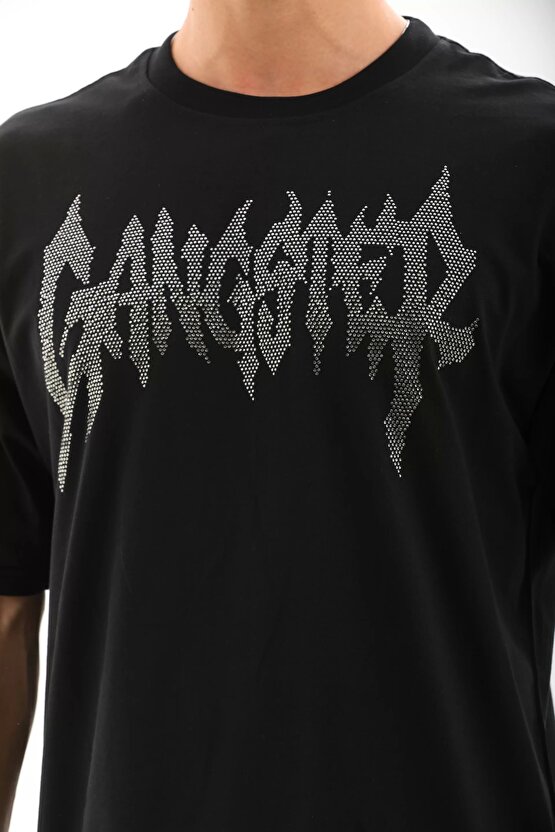 eyesof Unisex Oversize Taşlı Bisiklet Yaka T-Shirt - Siyah