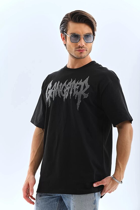 eyesof Unisex Oversize Taşlı Bisiklet Yaka T-Shirt - Siyah