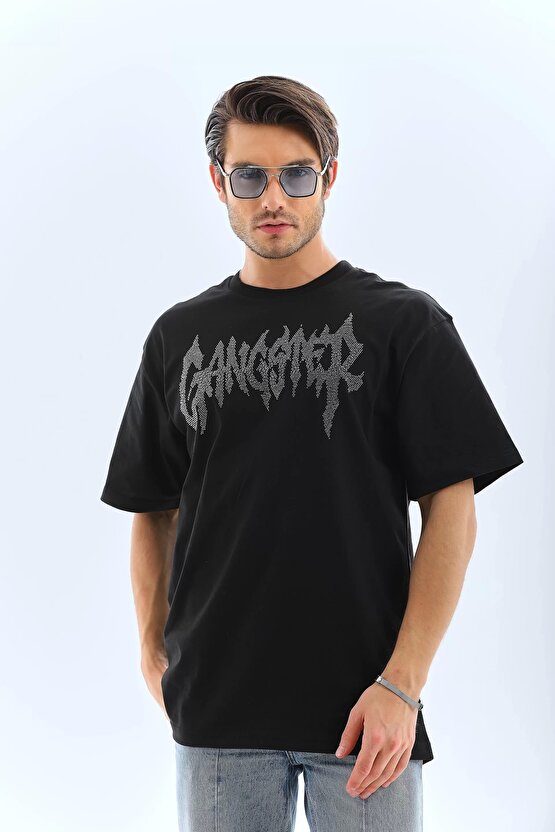 eyesof Unisex Oversize Taşlı Bisiklet Yaka T-Shirt - Siyah