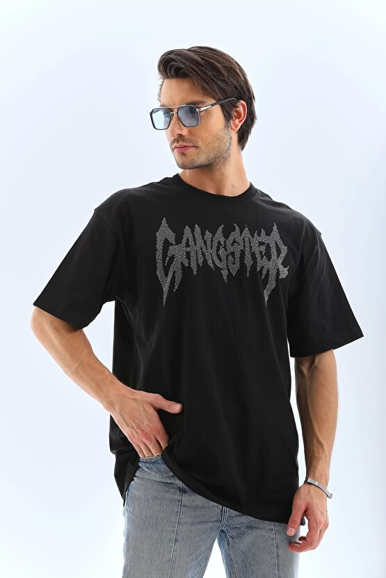 eyesof Unisex Oversize Taşlı Bisiklet Yaka T-Shirt - Siyah