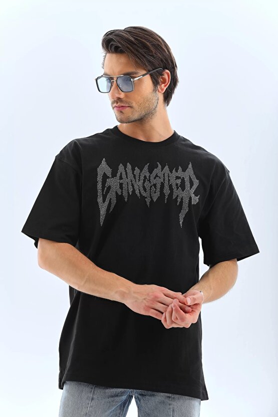 eyesof Unisex Oversize Taşlı Bisiklet Yaka T-Shirt - Siyah