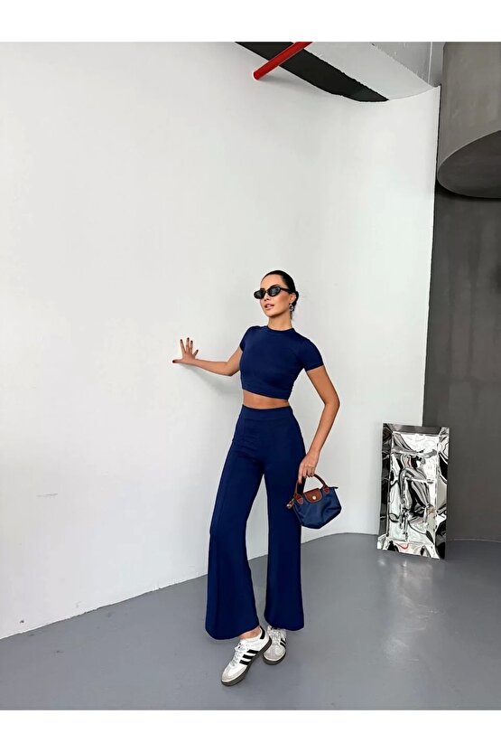 Osy Modal Yumuşak Dokulu Kumaş Kısa Kollu Crop Alt ispanyol Paça Pantalon ikili Takım - Lacivert