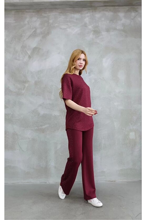 Osy Modal Yumuşak dokulu Kumaş Bisiklet Yaka Taş detaylı Kısa Kollu Takım - Bordo