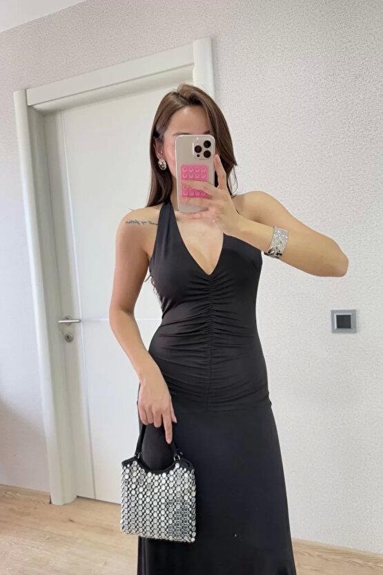Sırt dekolteli Uzun Elbise - Siyah