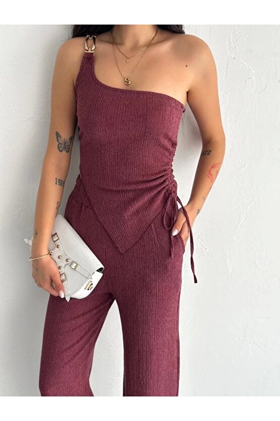 Asimetrik Crop Pantalon Ikili Takım - Gül Kurusu