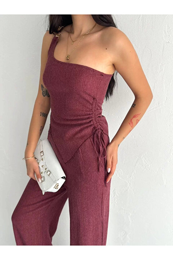 Asimetrik Crop Pantalon Ikili Takım - Gül Kurusu