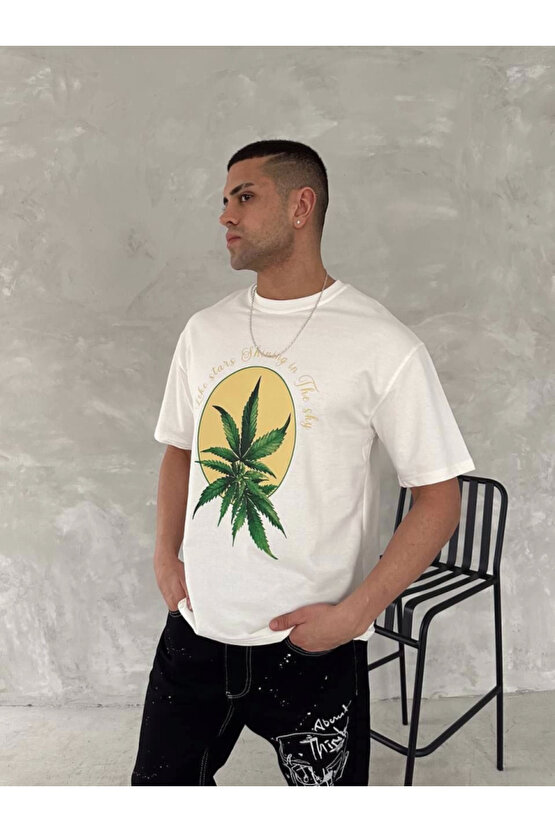 Mottisfashion Ön Ve Arka Baskılı Oversize Bisiklet Yaka T-shirt- Beyaz