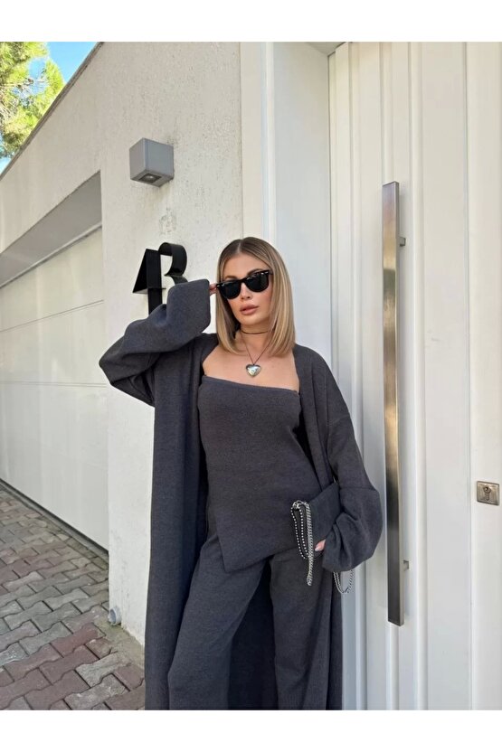 Kadın Triko Üçlü Takım - Füme