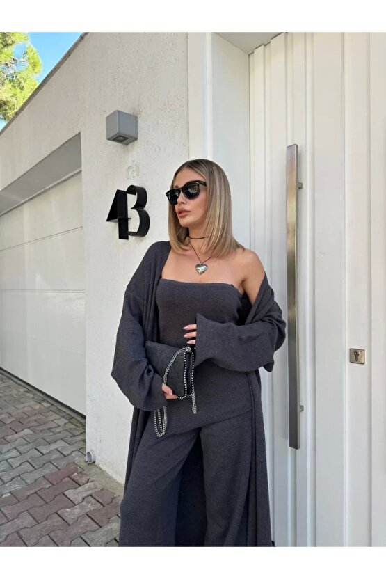 Kadın Triko Üçlü Takım - Füme