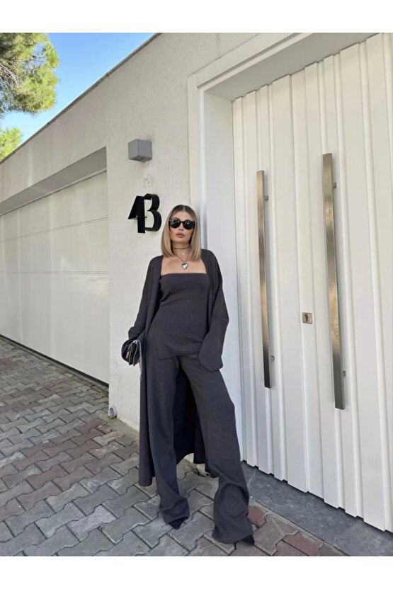 Kadın Triko Üçlü Takım - Füme