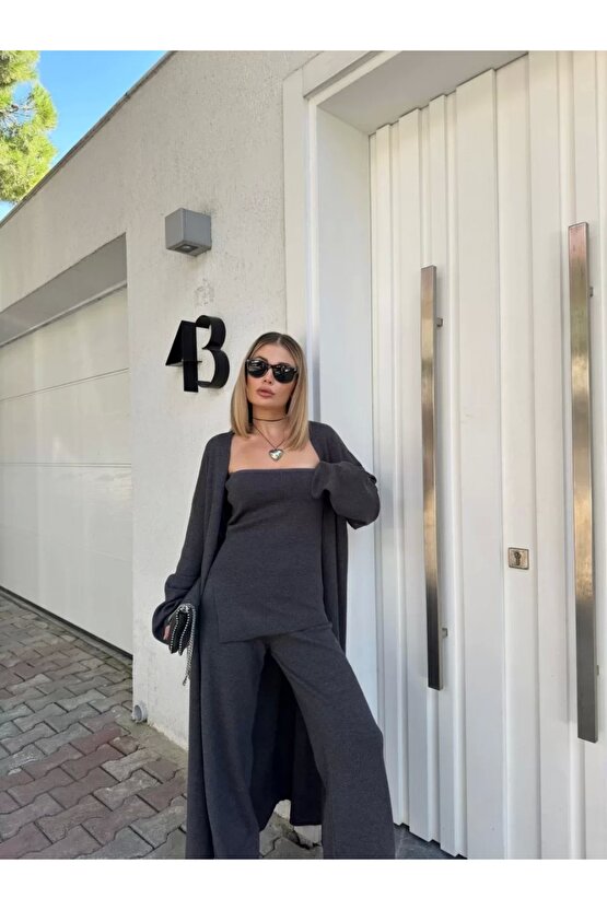 Kadın Triko Üçlü Takım - Füme