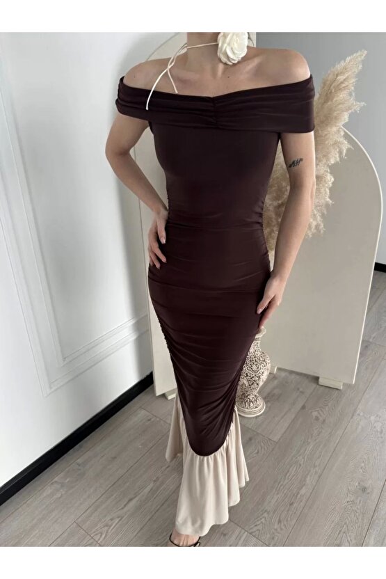 Striptiz Omuzlu Uzun Elbise- Kahve