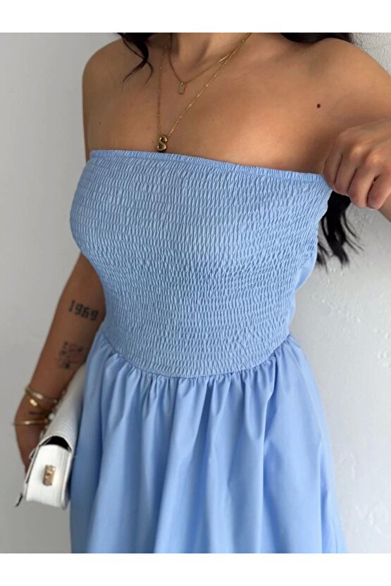 Straplez Pileli Elbise - Açık Mavi