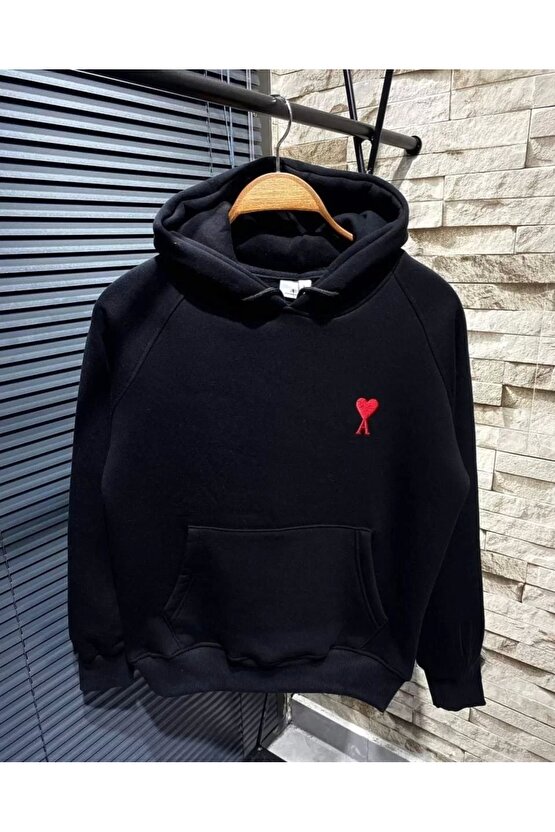 Unisex Kapşonlu Baskılı Sweetshirt - Siyah