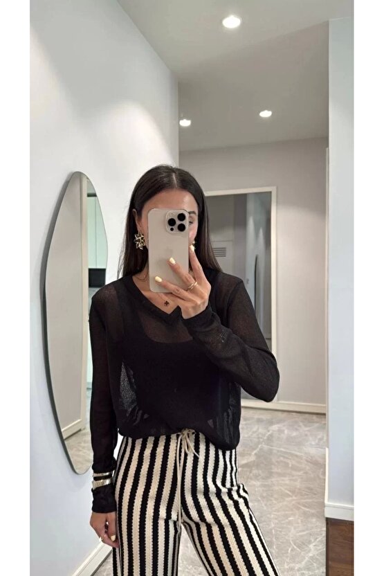 V Yaka Uzun Kollu Triko Ince Bluz - Siyah